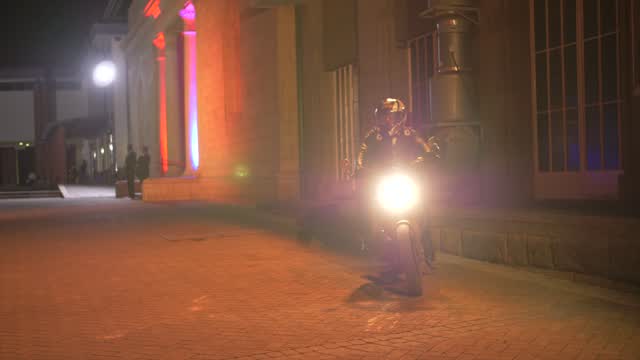 Motorcycle headlight down the colonnade